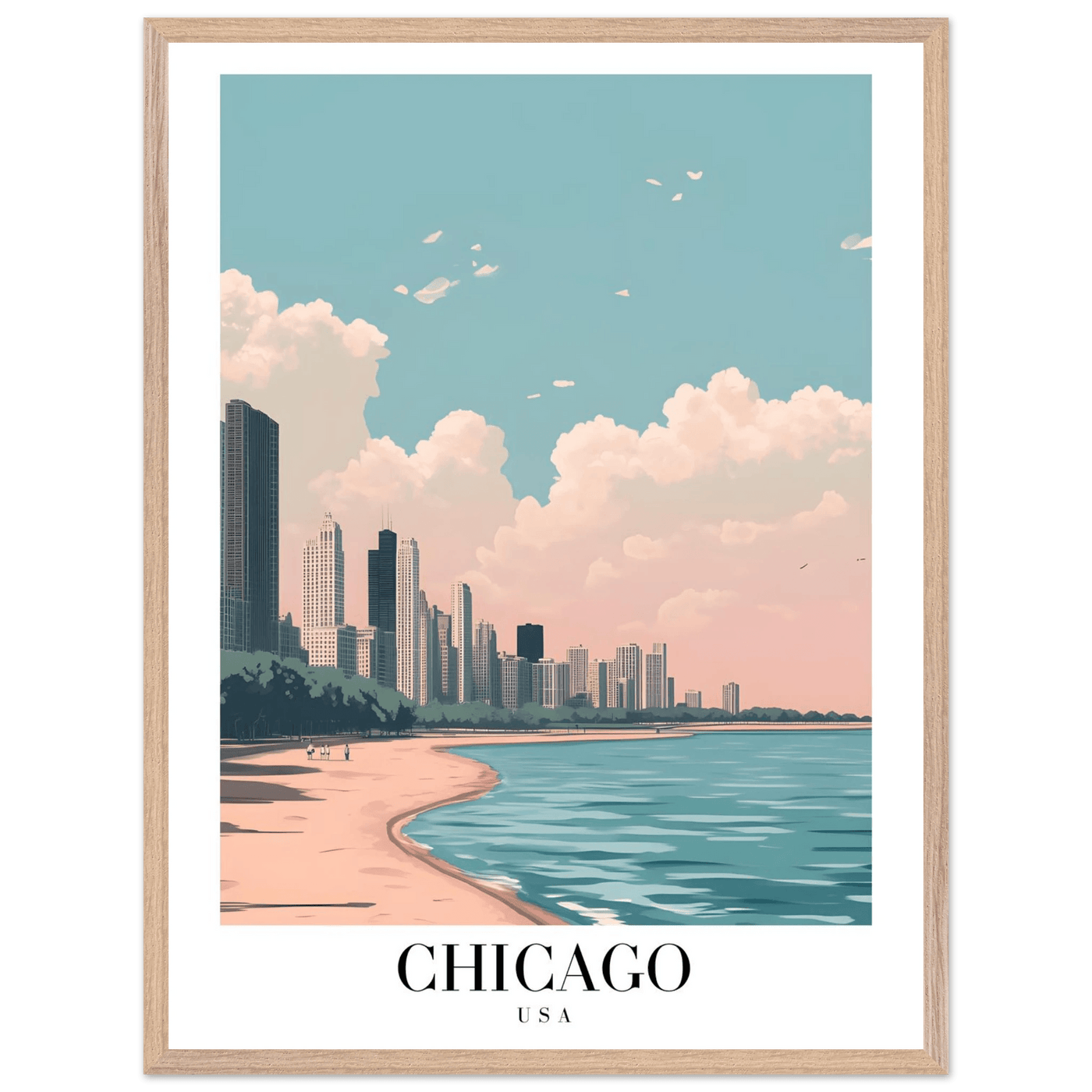 Chicago Lakeside View Framed Poster – Pastel Cityscape Wall Art with Wooden Frame - Vibrantwalls