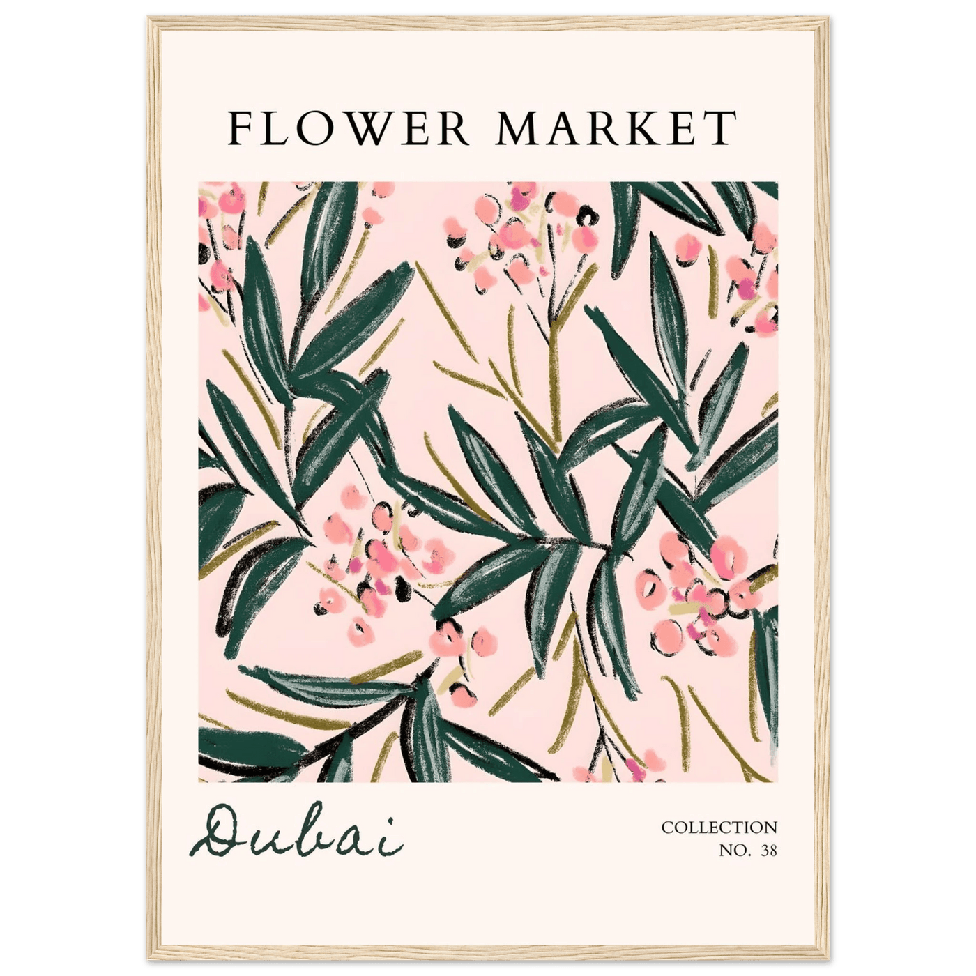 Dubai Flower Market Art Print – Blush Pink & Emerald Green Botanical Framed Poster | Ready-to-Hang - Vibrantwalls