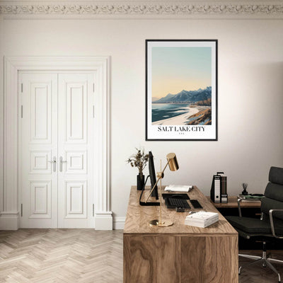 Salt Lake City Framed Poster – Modern Winter Landscape Art with Wood Frame - Vibrantwalls