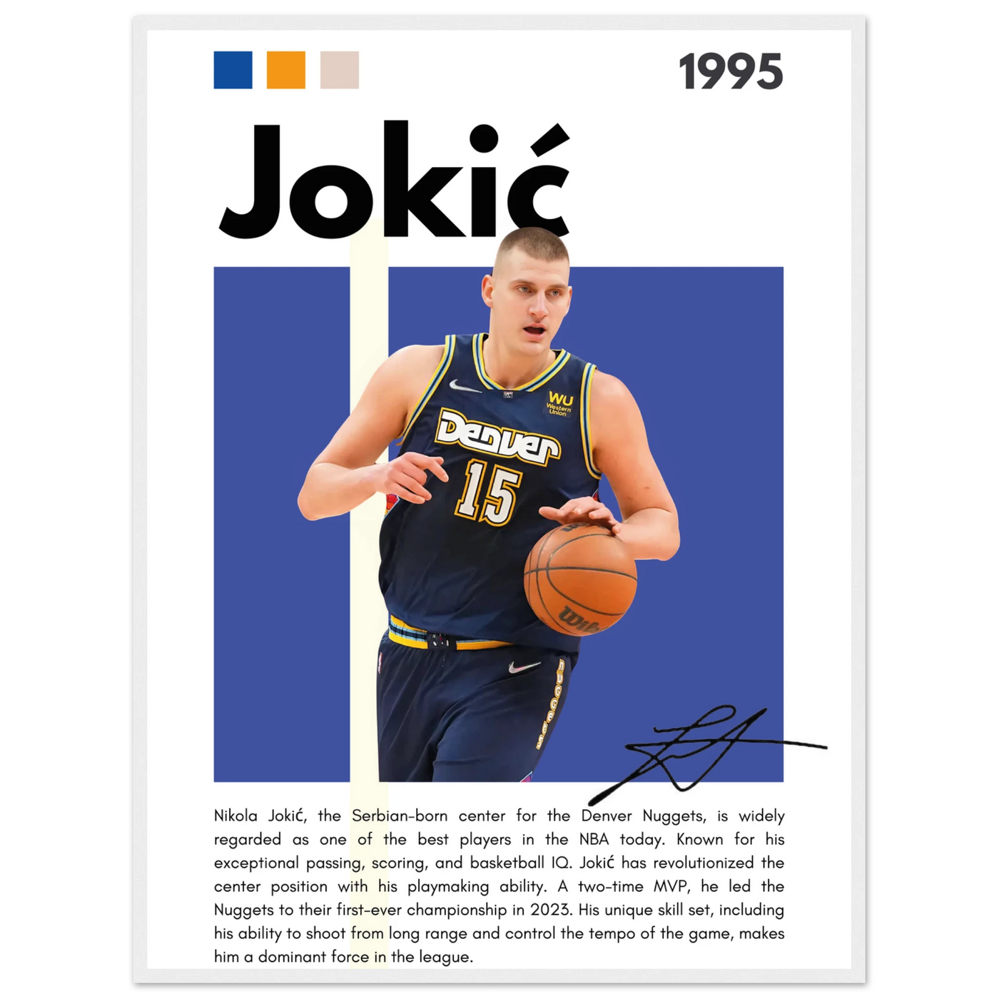 Nikola Jokic Joker Nuggets Minimalist Art Print 60x80 cm 24x32″ White frame Vibrantwalls