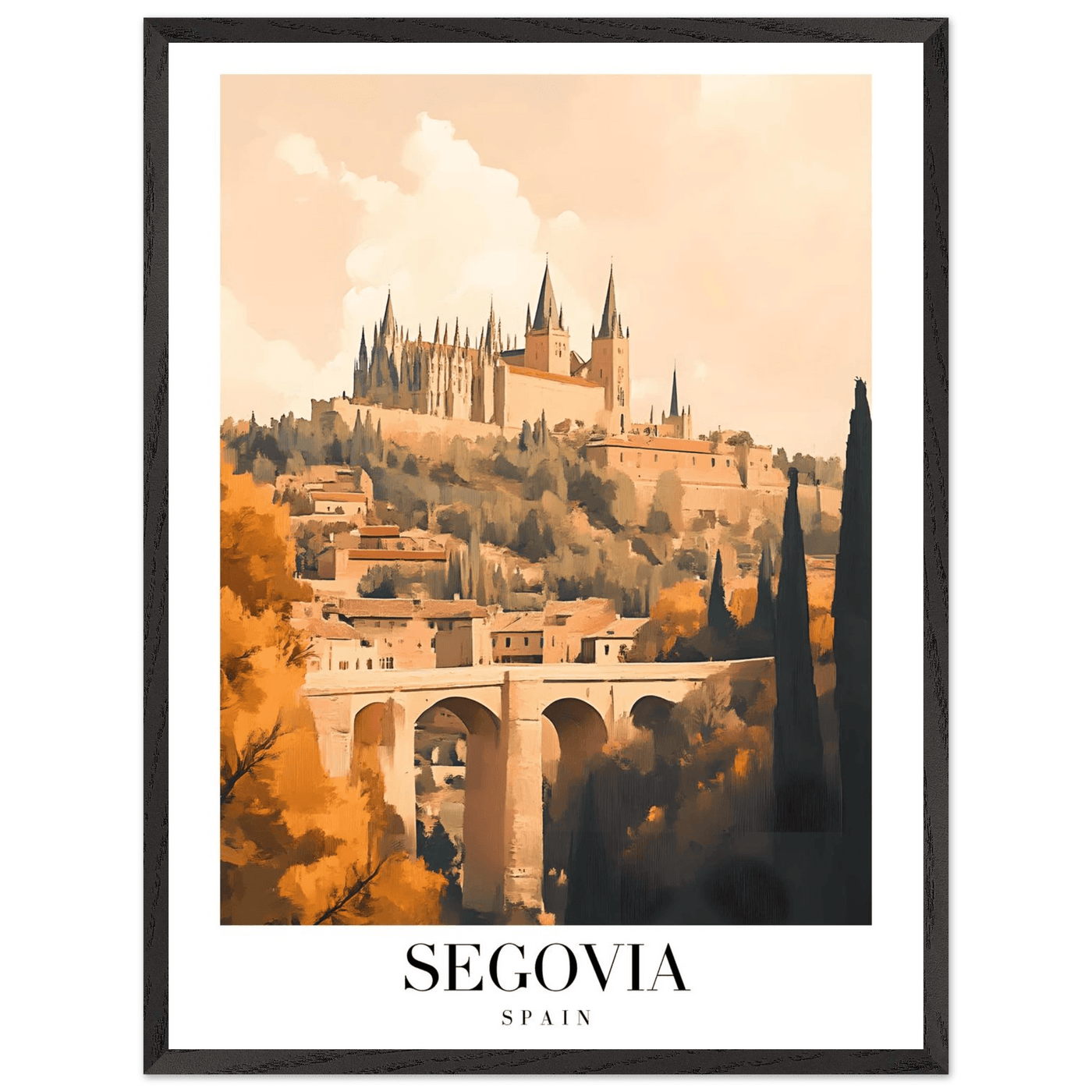 Segovia Spain Framed Poster – Vintage Travel Art with Warm Hues & Wooden Frame - Vibrantwalls