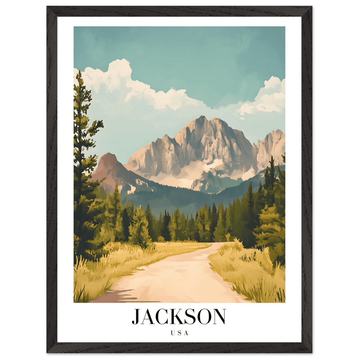 Jackson USA Mountain Landscape Framed Poster – Vintage Travel Wall Art with Wooden Frame - Vibrantwalls