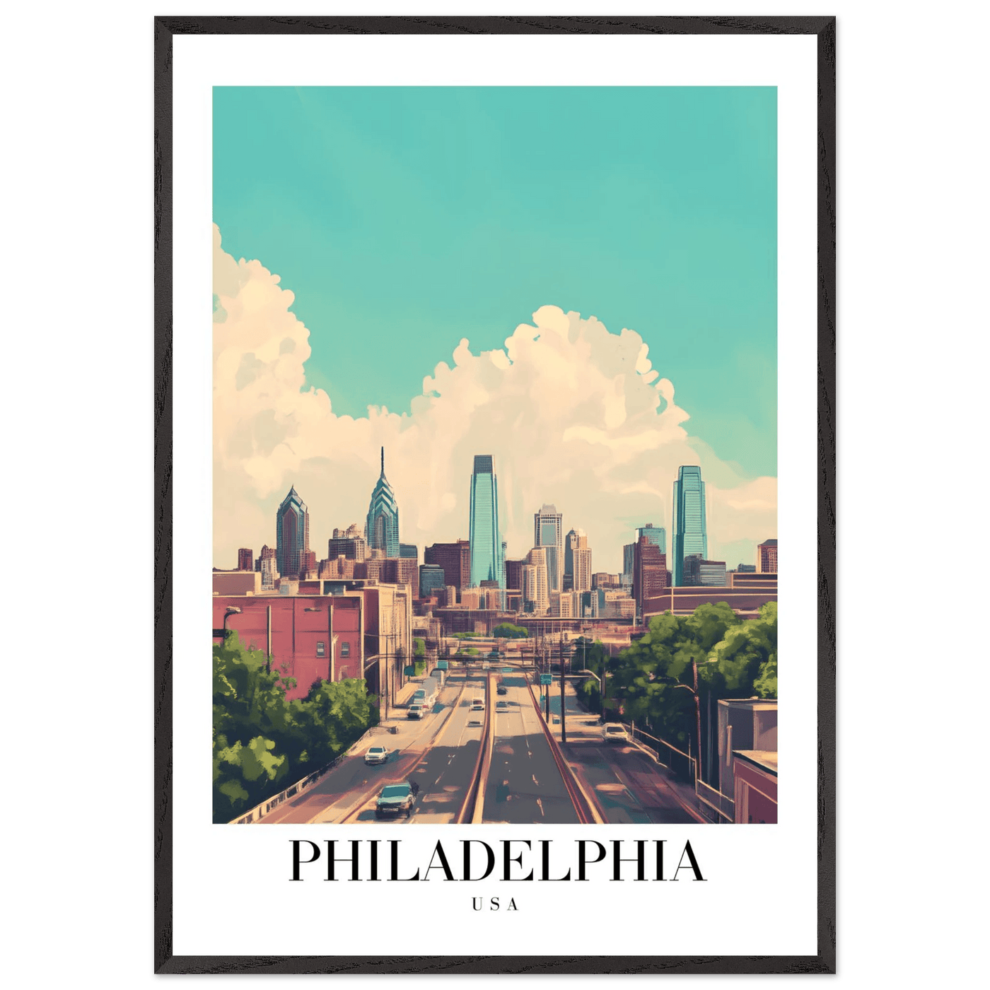 Philadelphia USA Framed Poster – Retro Cityscape Wall Art with Customizable Frame Options - Vibrantwalls