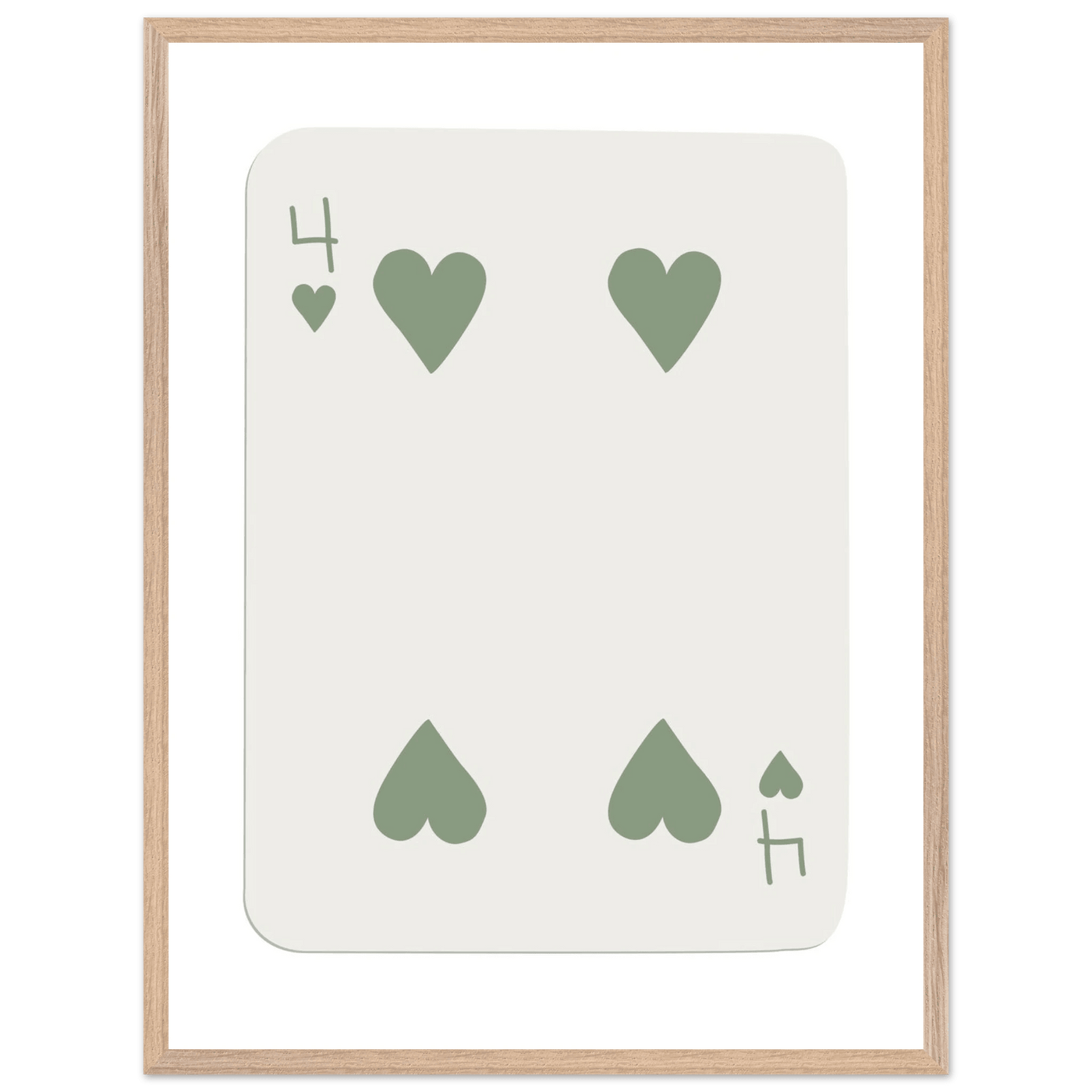 Minimalist Poker Card Art - Four of Hearts - Framed Poster, Sage Green Eco-Friendly Wood Frame - Vibrantwalls