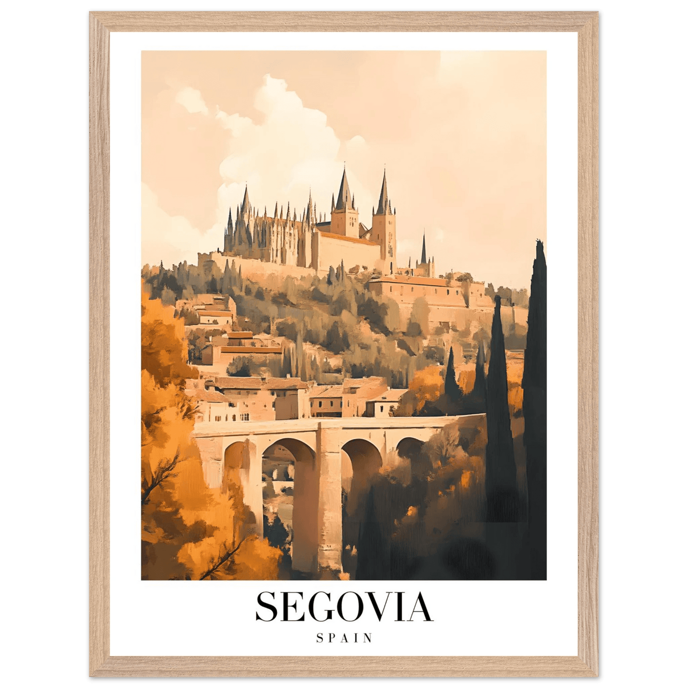 Segovia Spain Framed Poster – Vintage Travel Art with Warm Hues & Wooden Frame - Vibrantwalls