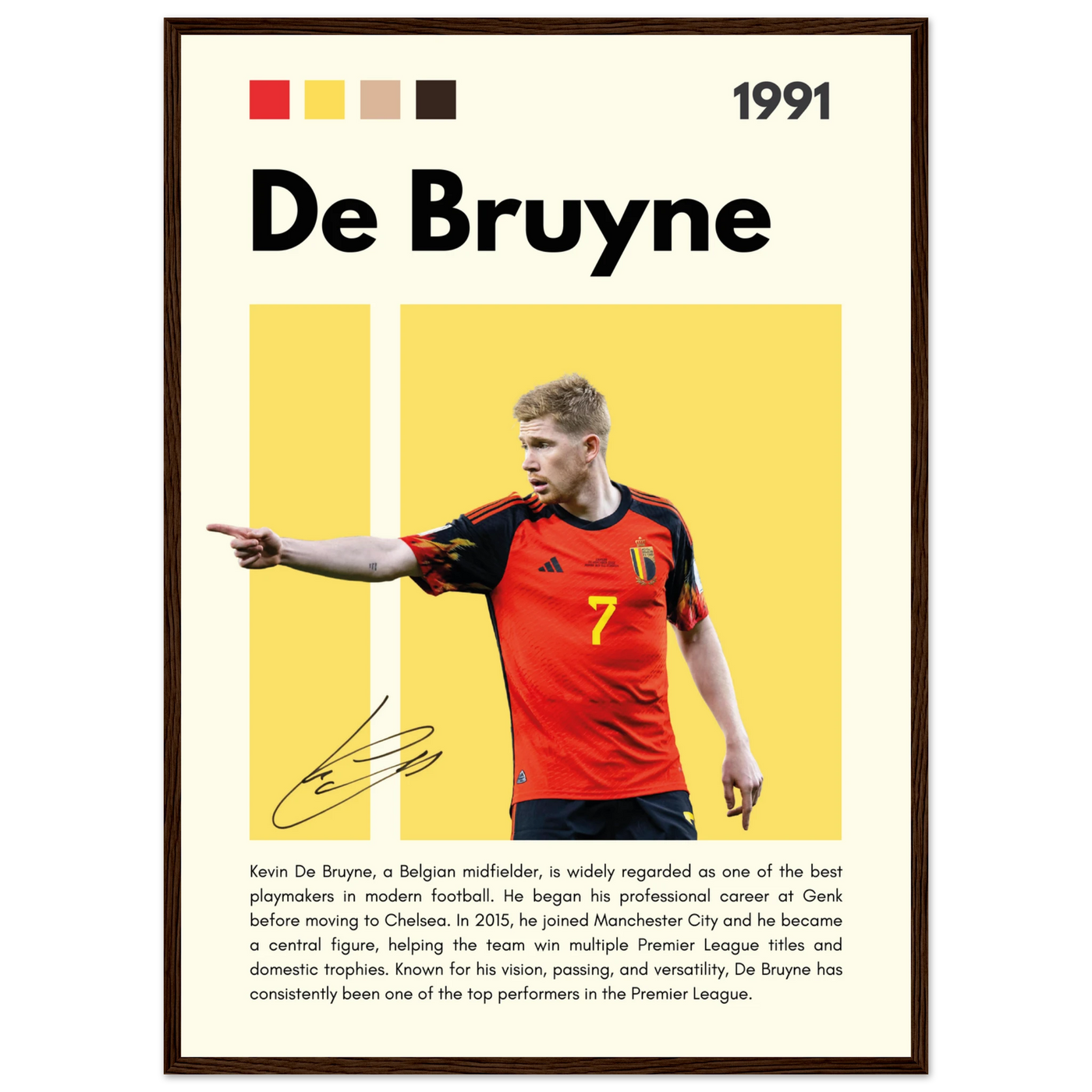 Kevin De Bruyne Football Legend Framed Poster – Vibrant Pop Art Print for Modern Fans 50x70 cm 20x28″ Dark wood frame Vibrantwalls