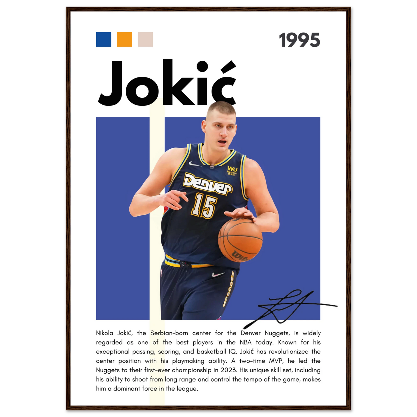 Nikola Jokic Joker Nuggets Minimalist Art Print 70x100 cm 28x40″ Dark wood frame Vibrantwalls