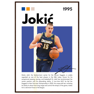 Nikola Jokic Joker Nuggets Minimalist Art Print 70x100 cm 28x40″ Dark wood frame Vibrantwalls
