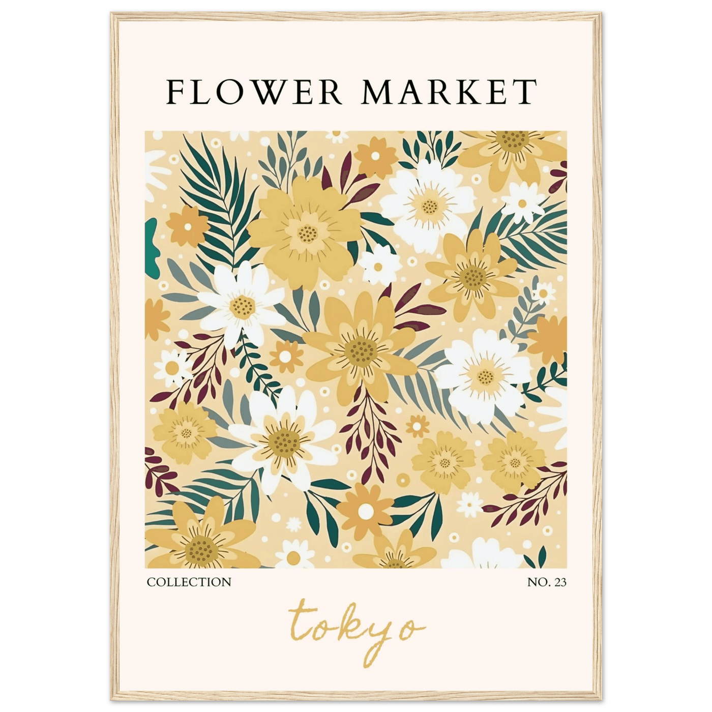 Tokyo Flower Market Framed Poster – Botanical Golden & White Floral Print | Ready-to-Hang Wall Art - Vibrantwalls