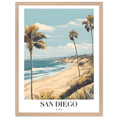 San Diego USA Framed Poster – Vintage Beach Travel Wall Art with Wooden Frame in Your Choice of Size and Finish - Vibrantwalls