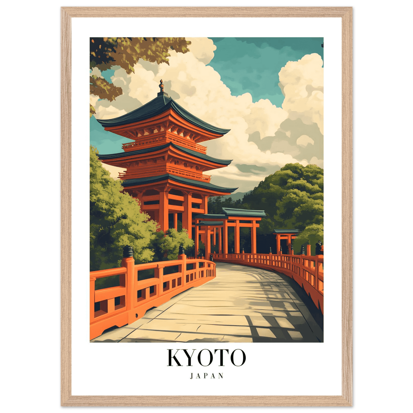 Kyoto Japan Pagoda Framed Poster – Japanese Temple Wall Art in Vibrant Orange with Wooden Frame - Vibrantwalls