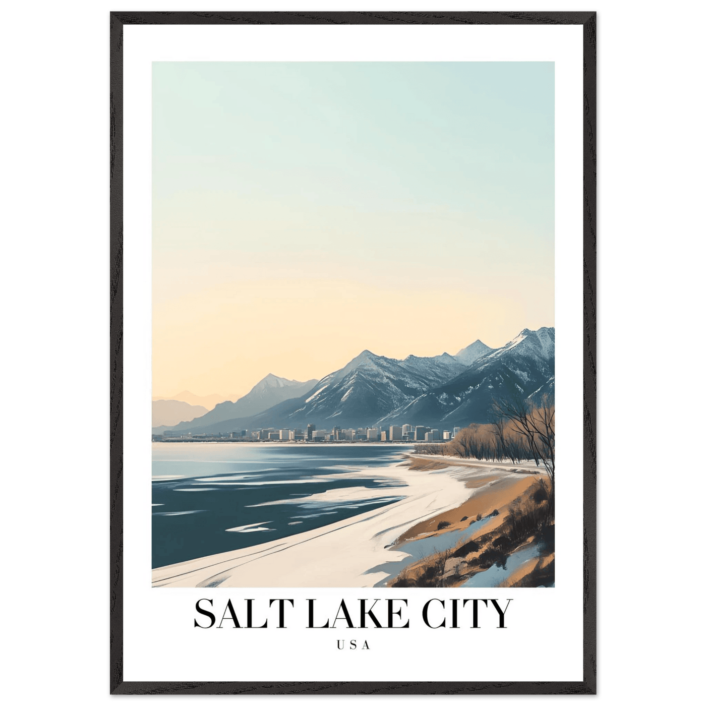 Salt Lake City Framed Poster – Modern Winter Landscape Art with Wood Frame - Vibrantwalls