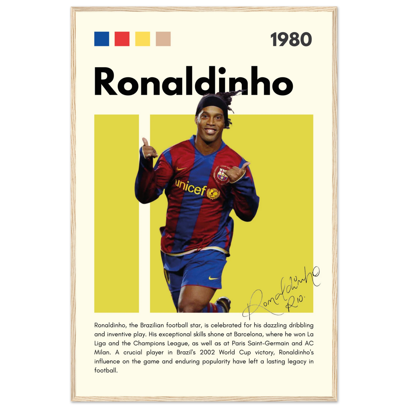 Ronaldinho Barcelona Football Legend Framed Brazil Poster 60x90 cm 24x36″ Wood frame Vibrantwalls