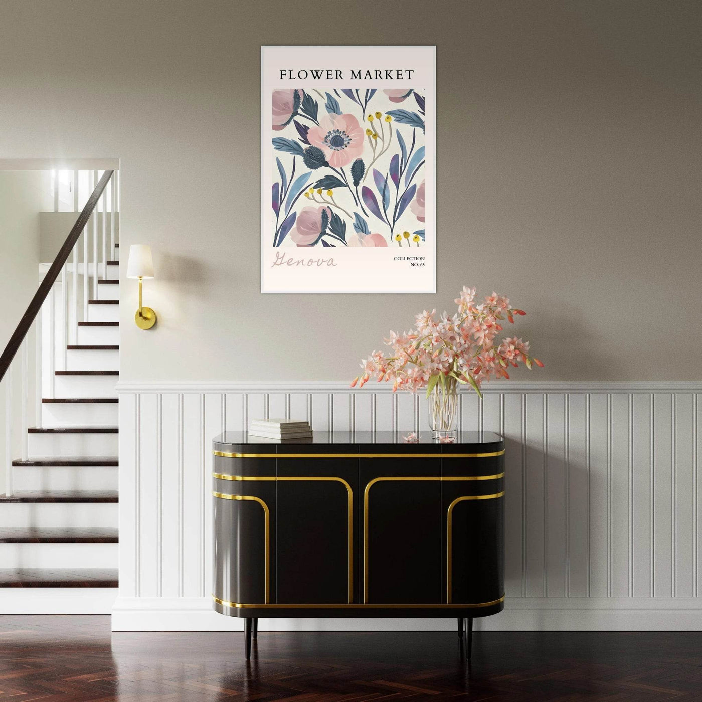 Flower Market 'Genova' Framed Poster – Blush & Indigo Floral Art Print | Ready-to-Hang Botanical Decor - Vibrantwalls