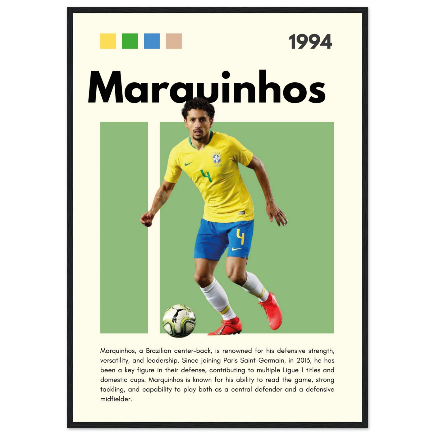 Marquinhos Brazil Football Framed Poster – Iconic Soccer Art Print for Fans A1 (59.4 x 84.1 cm) Black frame Vibrantwalls