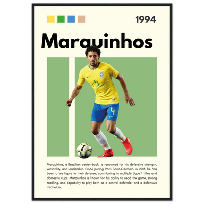 Marquinhos Brazil Football Framed Poster – Iconic Soccer Art Print for Fans A1 (59.4 x 84.1 cm) Black frame Vibrantwalls