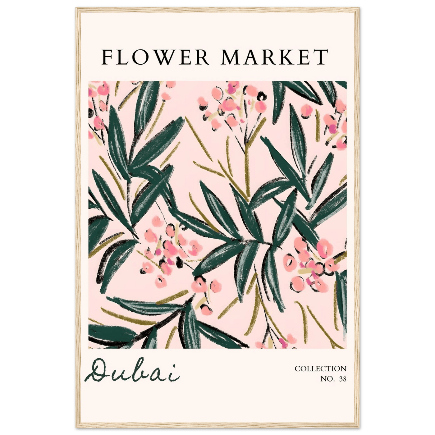 Dubai Flower Market Art Print – Blush Pink & Emerald Green Botanical Framed Poster | Ready-to-Hang - Vibrantwalls