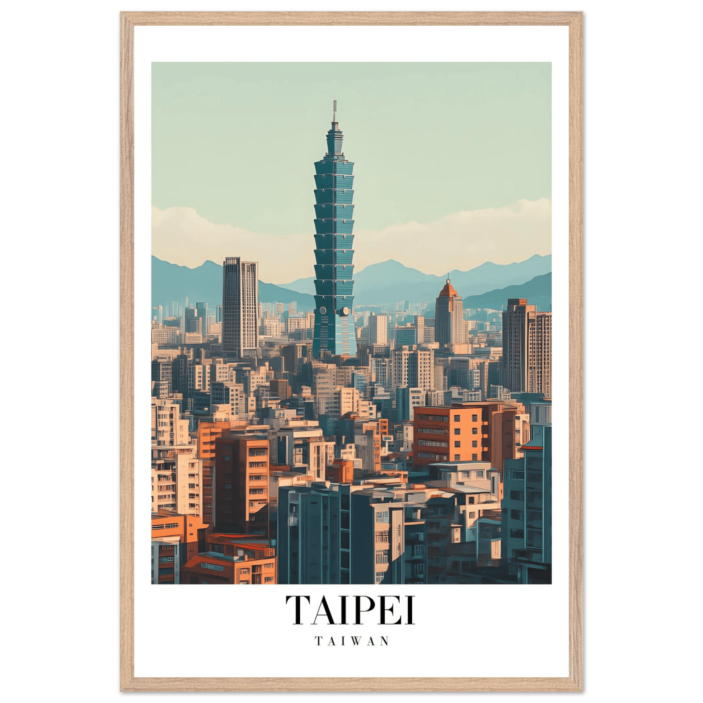 Taipei Taiwan Cityscape Framed Poster – Modern Retro Travel Art with Wooden Frame Options - Vibrantwalls
