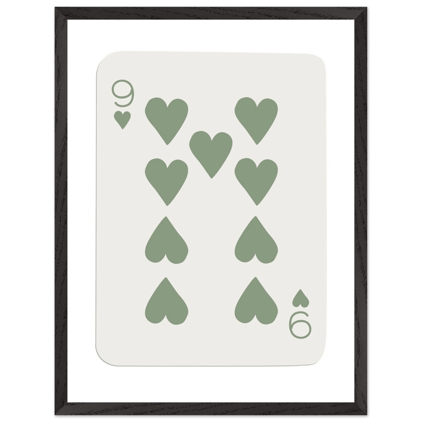 Minimalist Nine of Hearts Poker Card Print - Mounted Framed Wall Art, Sage Green Boho Decor, Eco-Friendly Wood Frame - Vibrantwalls