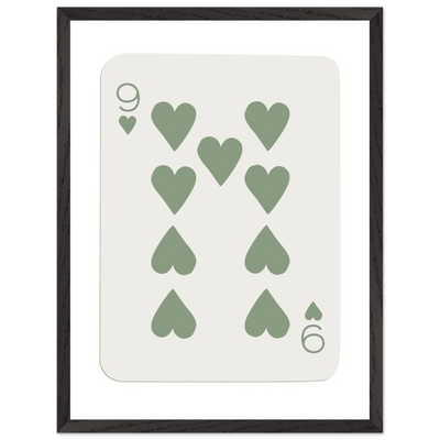 Minimalist Nine of Hearts Poker Card Print - Mounted Framed Wall Art, Sage Green Boho Decor, Eco-Friendly Wood Frame - Vibrantwalls