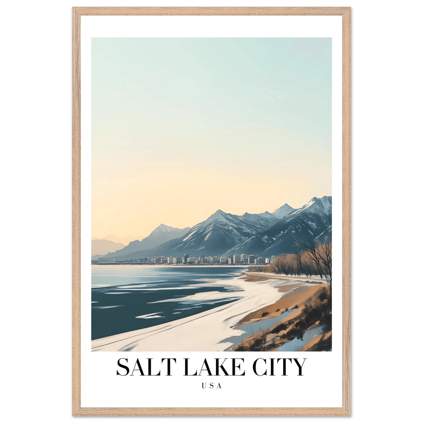 Salt Lake City Framed Poster – Modern Winter Landscape Art with Wood Frame - Vibrantwalls
