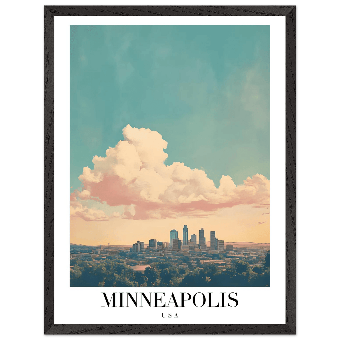 Minneapolis USA Framed Poster – Pastel Dream Sky Vintage Cityscape Art with Premium Wooden Frame - Vibrantwalls