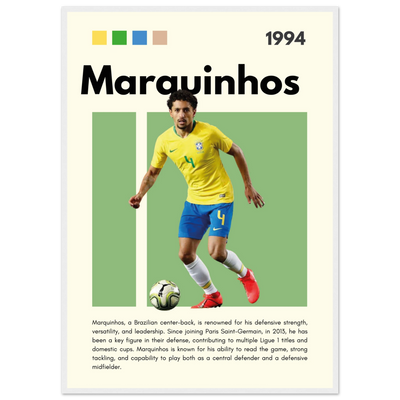Marquinhos Brazil Football Framed Poster – Iconic Soccer Art Print for Fans A1 (59.4 x 84.1 cm) White frame Vibrantwalls