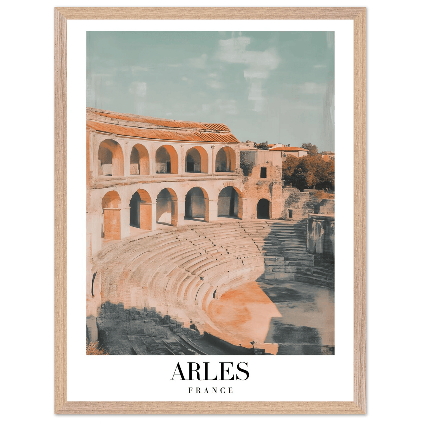Arles France Amphitheater Framed Poster – Vintage Travel Wall Art with Wooden Frame and Serene Palette - Vibrantwalls