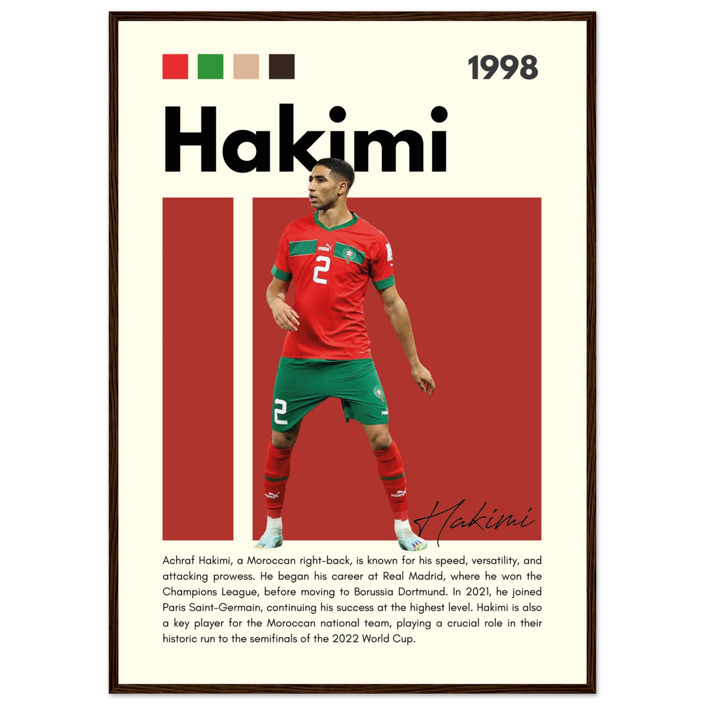 Achraf Hakimi Morocco Framed Football Legend Poster A1 (59.4 x 84.1 cm) Dark wood frame Vibrantwalls