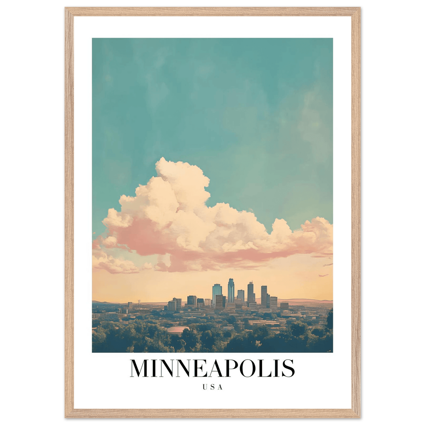 Minneapolis USA Framed Poster – Pastel Dream Sky Vintage Cityscape Art with Premium Wooden Frame - Vibrantwalls