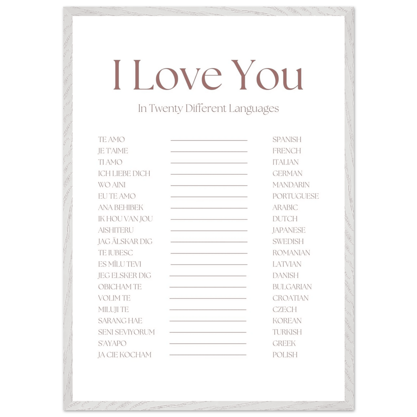 I Love You in 20 Languages - Mounted Framed Art Print, Eco-Friendly Wood Frame in Your Choice of Style - Vibrantwalls