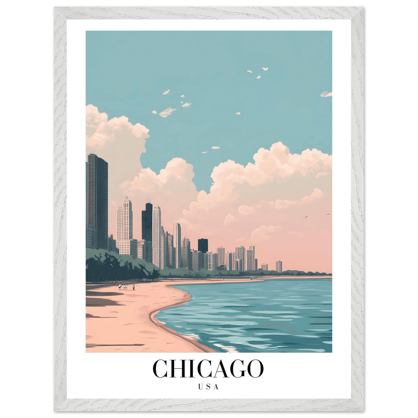 Chicago Lakeside View Framed Poster – Pastel Cityscape Wall Art with Wooden Frame - Vibrantwalls