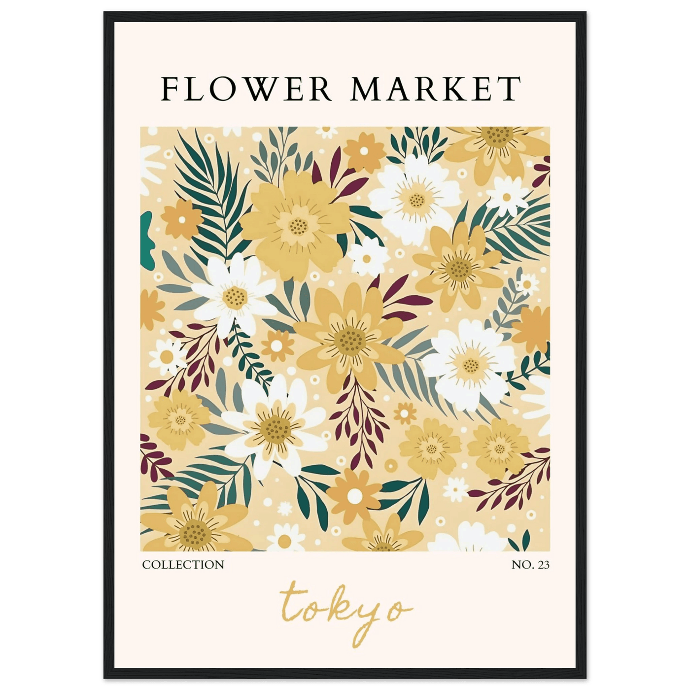 Tokyo Flower Market Framed Poster – Botanical Golden & White Floral Print | Ready-to-Hang Wall Art - Vibrantwalls