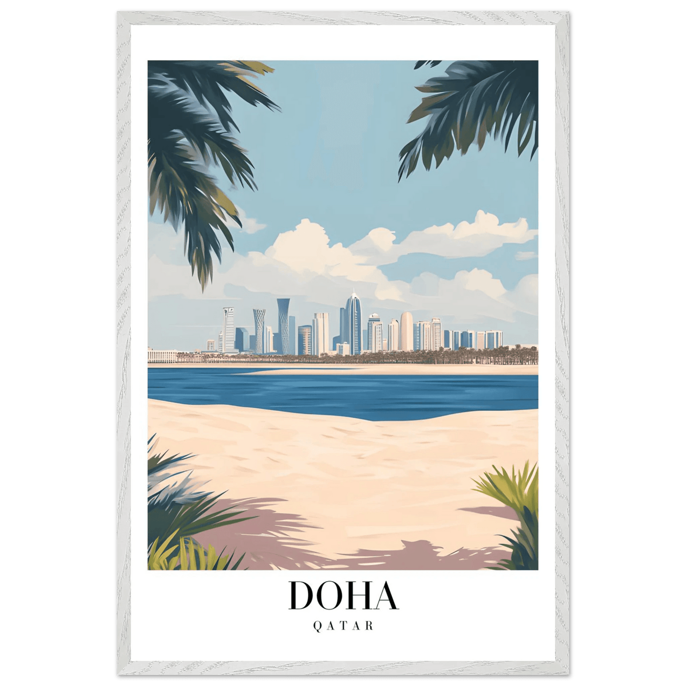 Doha Qatar Skyline Framed Poster – Modern Travel Wall Art with Palm Beach Vibes - Vibrantwalls