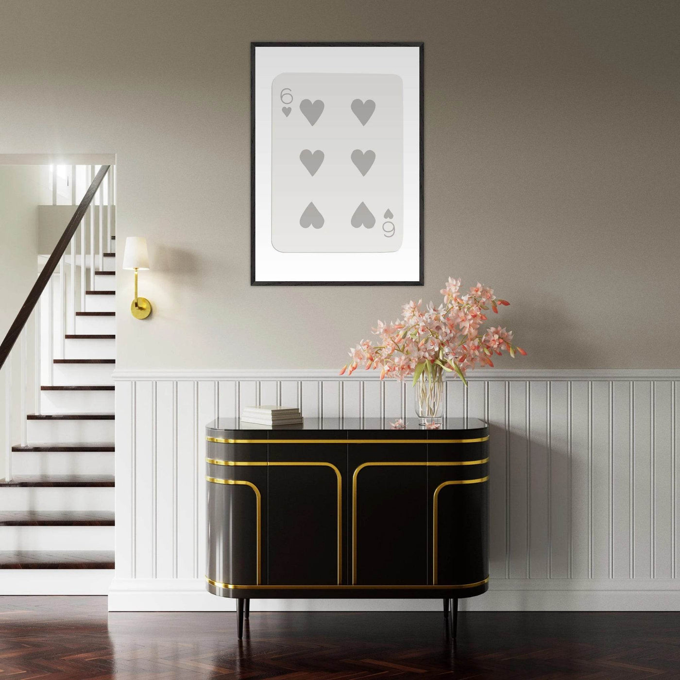 Minimalist Six of Hearts Card Print - Framed Poster Art with Eco-Friendly Wood Frame - Perfect for Modern Decor - Vibrantwalls
