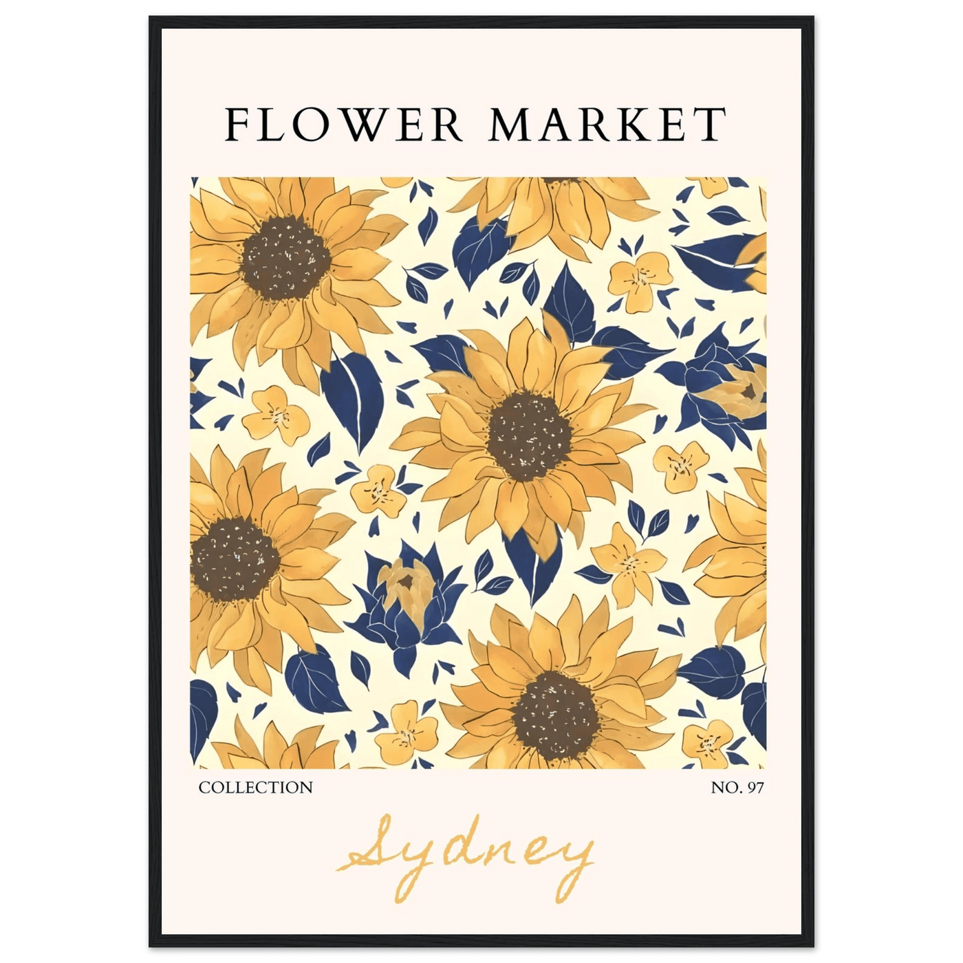Vibrant Sunflower & Navy Floral Framed Poster – 'Flower Market Sydney' Collection | Ready-to-Hang Wall Art - Vibrantwalls