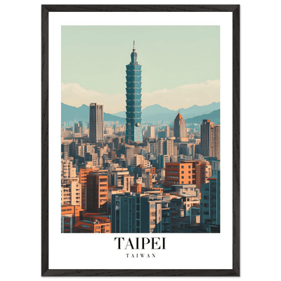 Taipei Taiwan Cityscape Framed Poster – Modern Retro Travel Art with Wooden Frame Options - Vibrantwalls