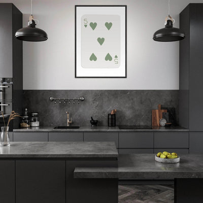 Five of Hearts Poker Card Print - Sage Green Aesthetic Framed Art, Eco-Friendly Wood Frame in Multiple Sizes - Vibrantwalls