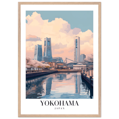 Yokohama Japan Framed Poster – Serene Pastel Cityscape Wall Art with Wooden Frame - Vibrantwalls