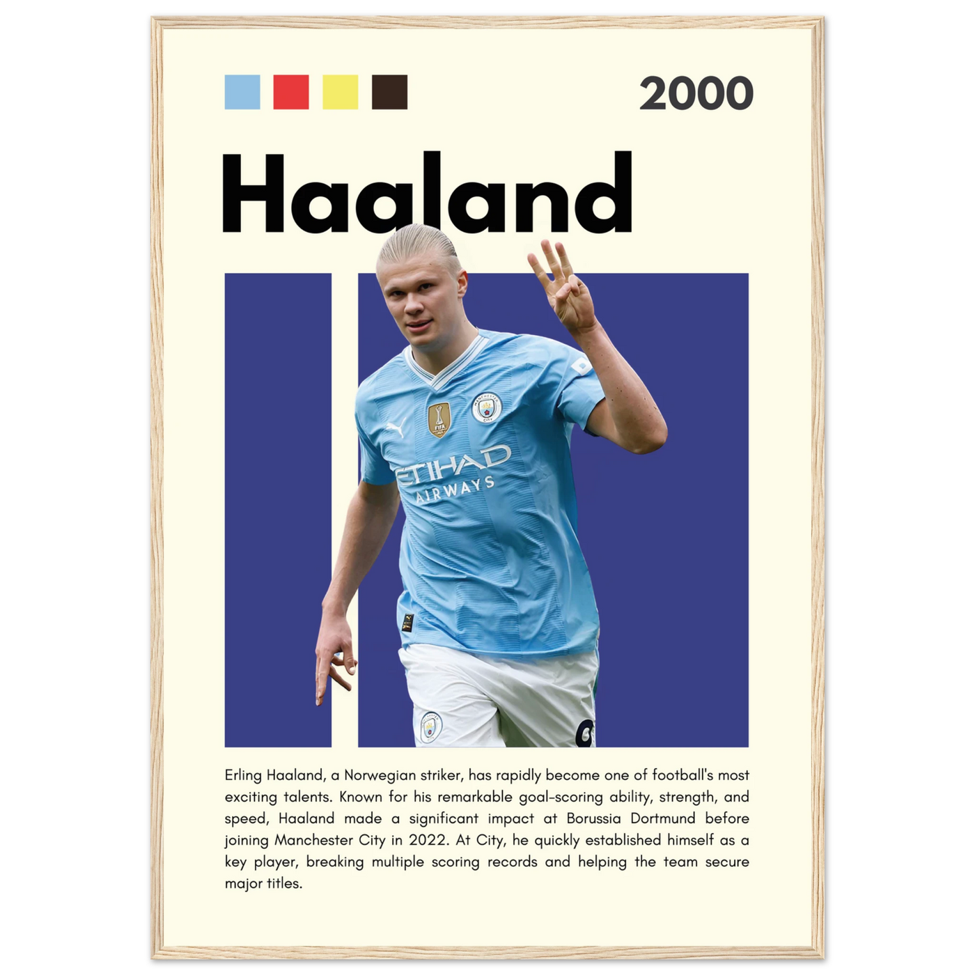 Erling Haaland Manchester City Framed Football Poster A1 (59.4 x 84.1 cm) Wood frame Vibrantwalls