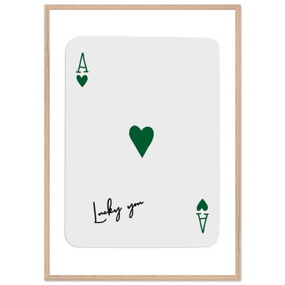 Lucky You Ace of Hearts Poker Card Art - Eco-Friendly Framed Print with Deep Green Accent - Vibrantwalls