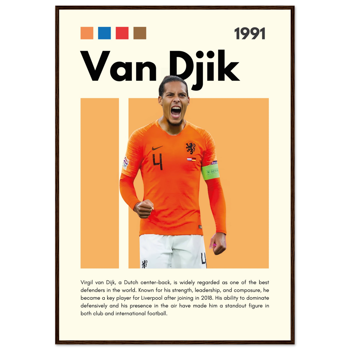 Virgil van Dijk Liverpool/Netherlands Football Framed Poster - Orange & Dynamic Sports Art Print 70x100 cm 28x40″ Dark wood frame Vibrantwalls