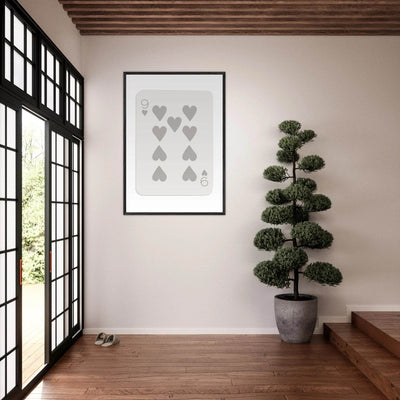 Minimalist Nine of Hearts Poker Card Print - Mounted Framed Wall Art, Eco-Friendly Wood Frame, Neutral Tones - Vibrantwalls