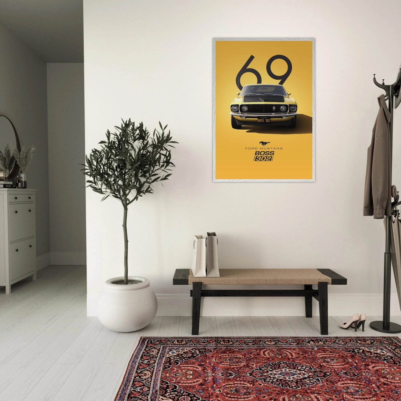 1969 Ford Mustang Boss 302 '69 - Iconic Yellow Framed Poster | Ready-to-Hang, Premium Art Print - Vibrantwalls