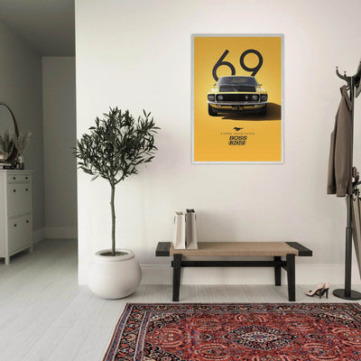 1969 Ford Mustang Boss 302 '69 - Iconic Yellow Framed Poster | Ready-to-Hang, Premium Art Print - Vibrantwalls