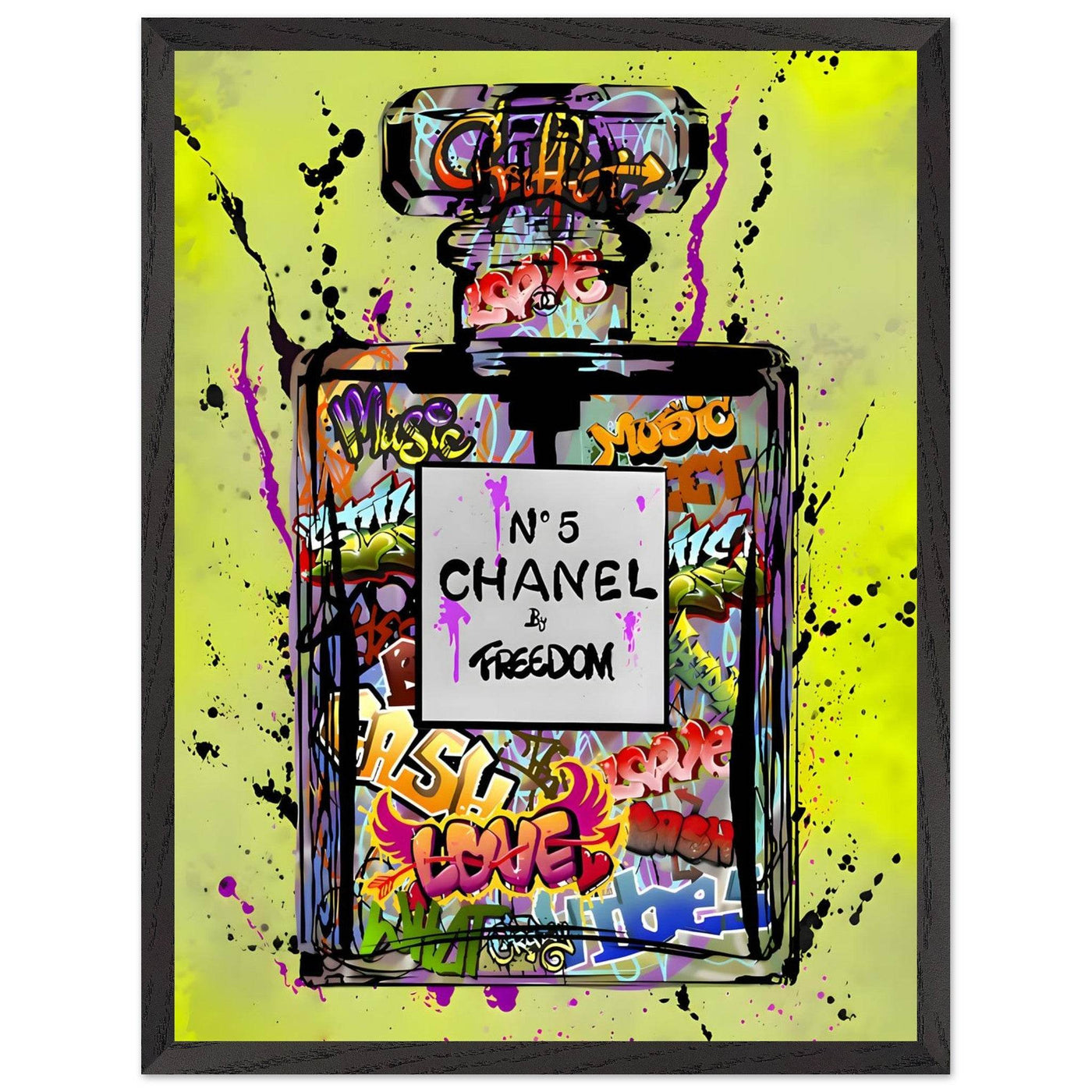 Coco Chanel No. 5 Graffiti Art Print - Vibrant Street Style Perfume Bottle Framed Wall Art - Vibrantwalls