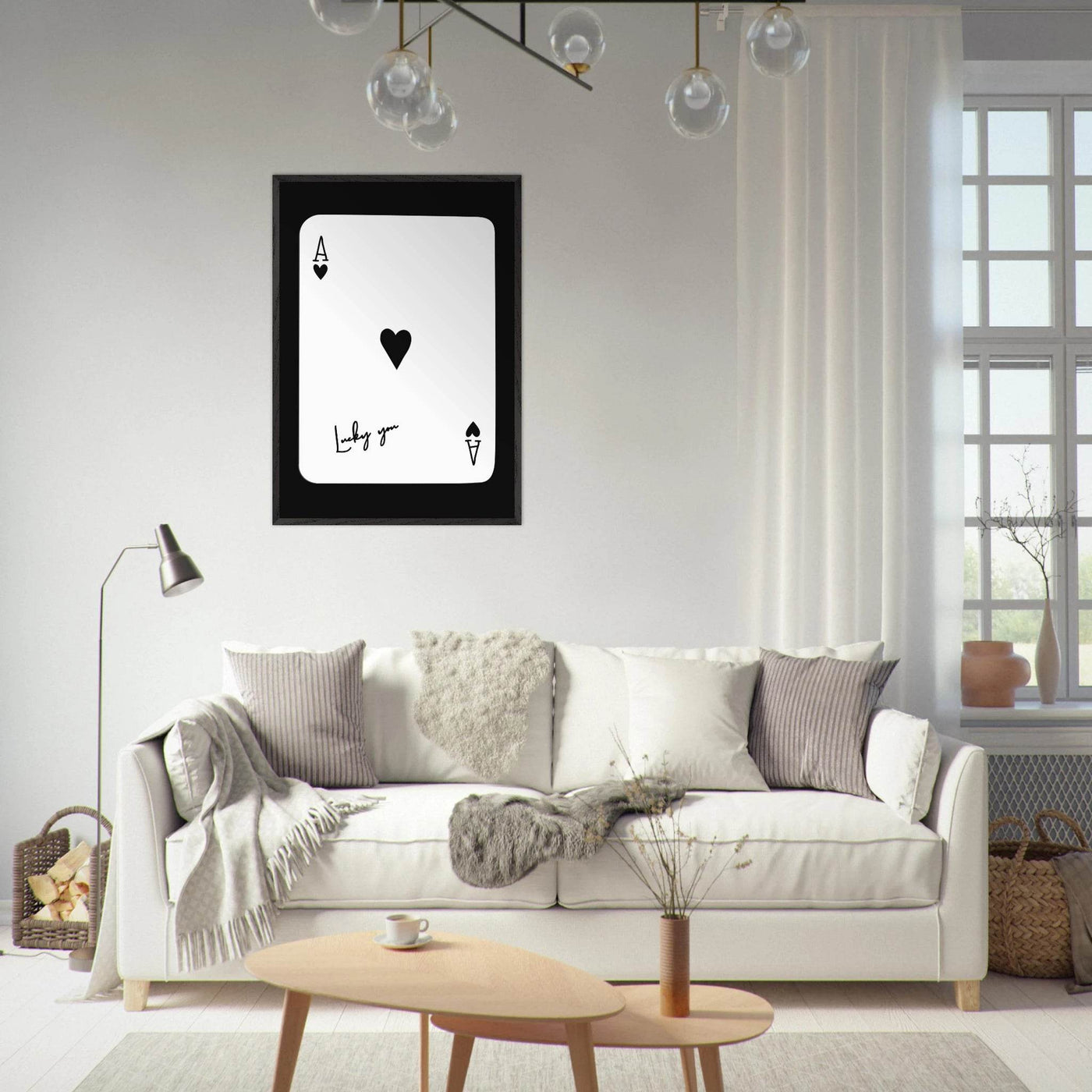 Ace of Hearts 'Lucky You' Framed Poker Card Art - Modern Black & White Print, Eco-Friendly Wood Frame - Vibrantwalls