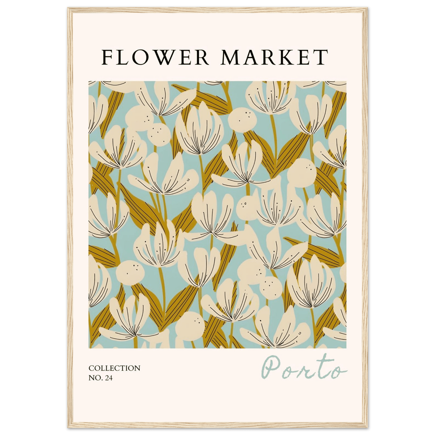 Flower Market Porto Abstract Floral Framed Poster | Calming Blue & Gold Botanical Art Print, Ready-to-Hang - Vibrantwalls