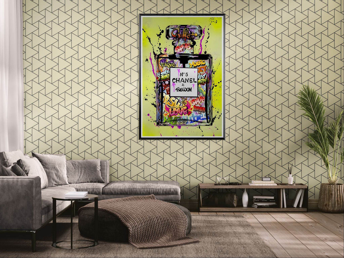 Coco Chanel No. 5 Graffiti Art Print - Vibrant Street Style Perfume Bottle Framed Wall Art - Vibrantwalls