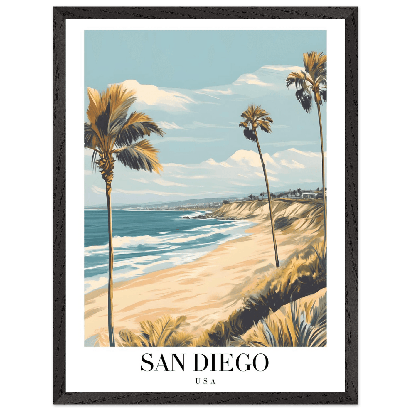 San Diego USA Framed Poster – Vintage Beach Travel Wall Art with Wooden Frame in Your Choice of Size and Finish - Vibrantwalls